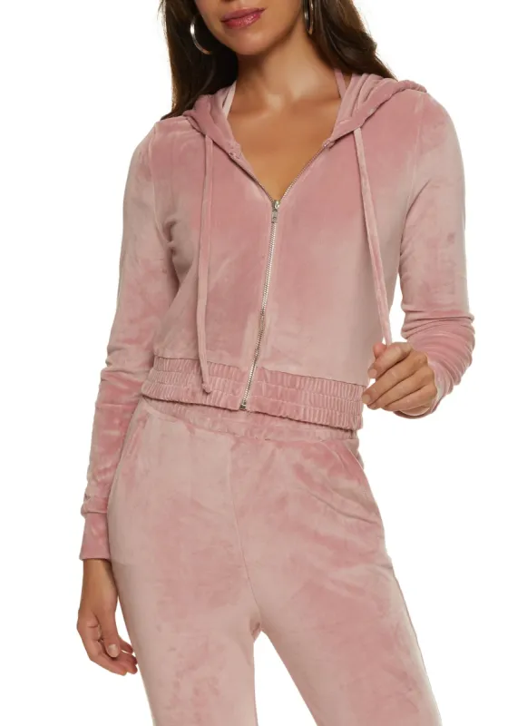 Velour Zip Front Cropped Hoodie with Bralette sold by Rainbow