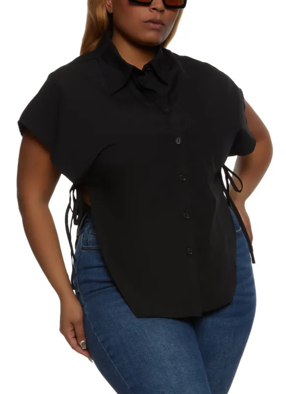 Plus Size Collared Button Front Tie Side Top sold by Rainbow
