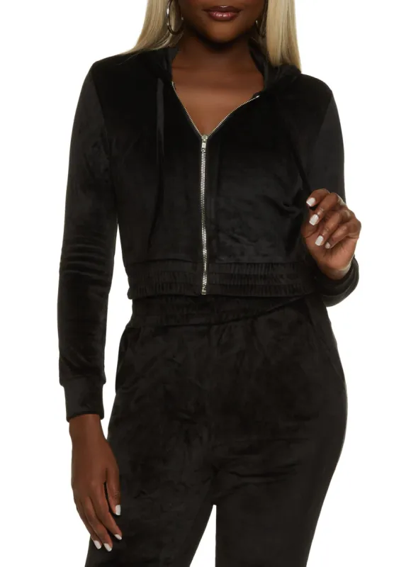 Velour Zip Front Cropped Hoodie with Bralette sold by Rainbow