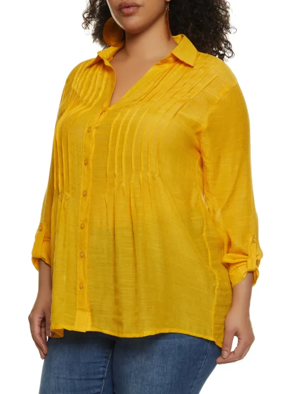Plus Size Pintuck Button Down Gauze Shirt sold by Rainbow