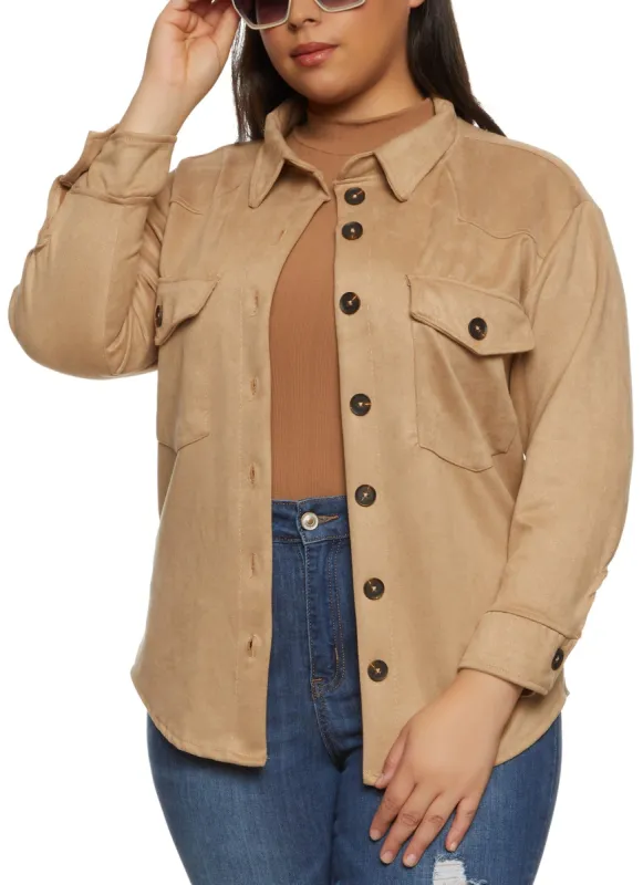 Plus Size Faux Suede Button Front Shirt sold by Rainbow