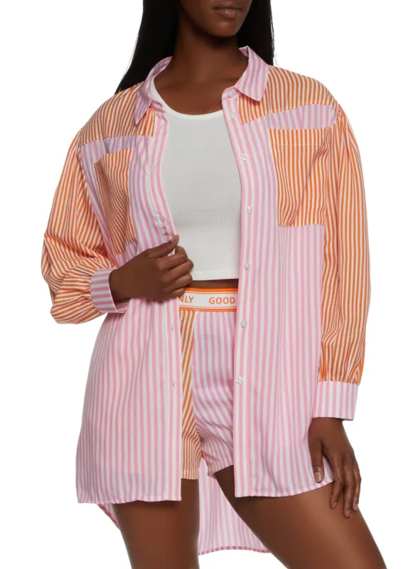 Oversized Color Block Striped Button Front Shirt sold by Rainbow
