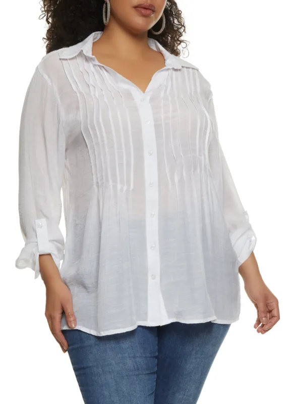 Plus Size Pintuck Button Down Gauze Shirt sold by Rainbow