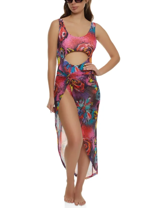 Cut Out One Piece Swimsuit and Sarong Set sold by Rainbow