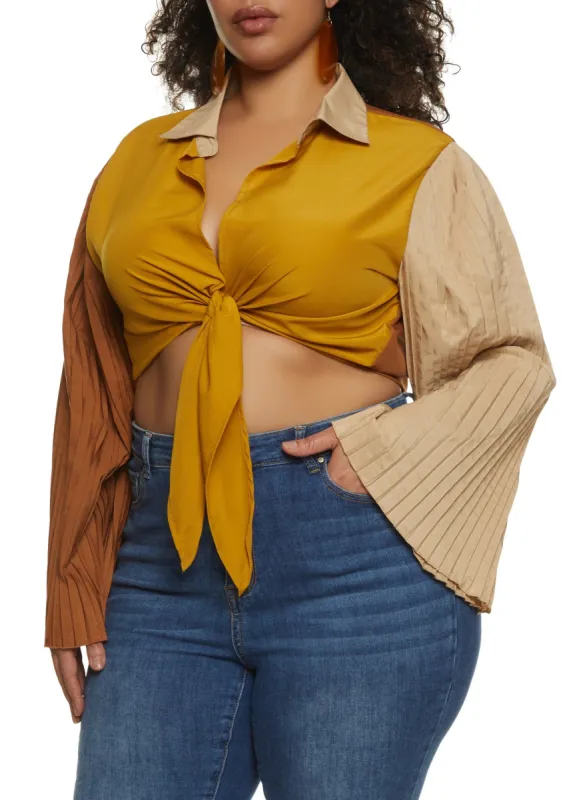 Plus Size Color Block Pleated Sleeve Blouse sold by Rainbow