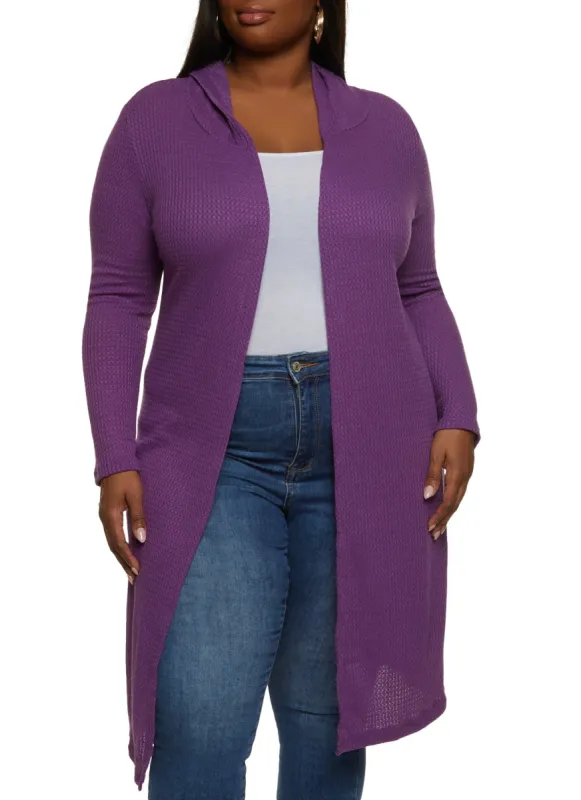 Plus Size Waffle Knit Hooded Long Cardigan sold by Rainbow