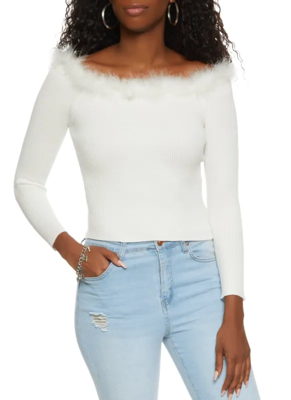 Off the Shoulder Feather Trim Ribbed Knit Sweater sold by Rainbow