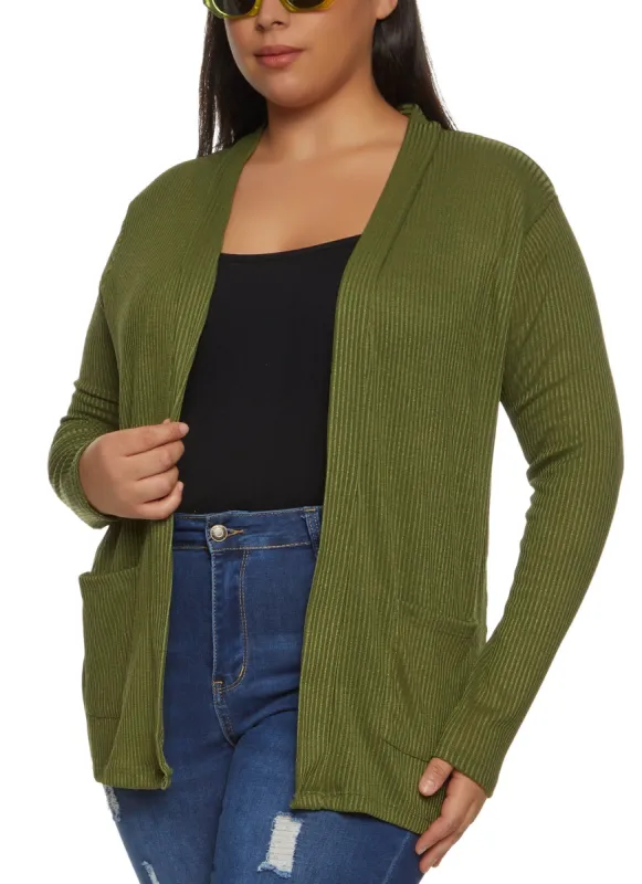 Plus Size Ribbed Knit Pocket Cardigan sold by Rainbow