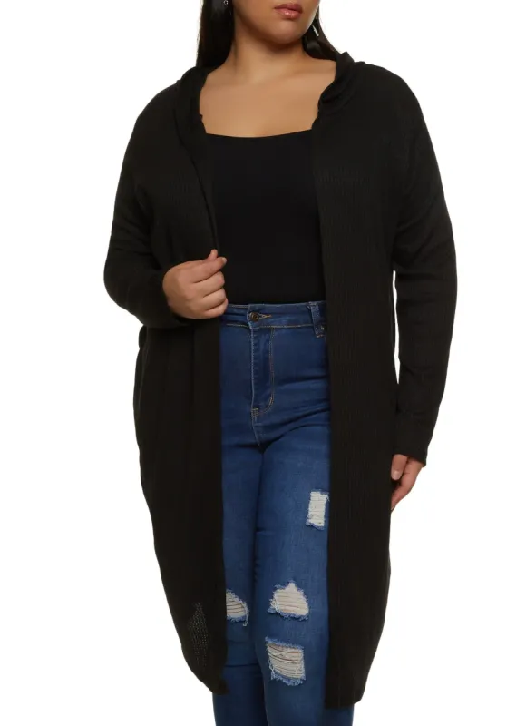 Plus Size Waffle Knit Hooded Long Cardigan sold by Rainbow
