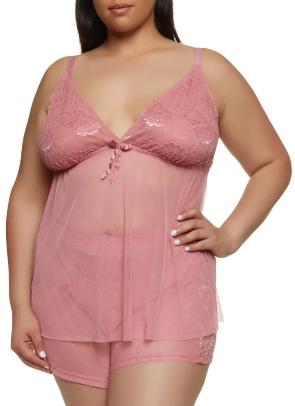 Plus Size Lace Mesh Cami Babydoll and Shorts Set sold by Rainbow