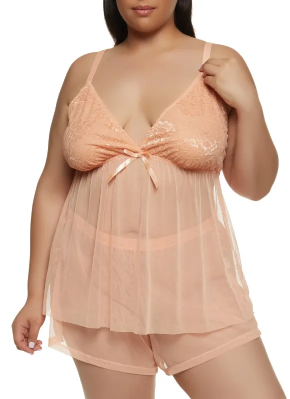 Plus Size Lace Mesh Cami Babydoll and Shorts Set sold by Rainbow