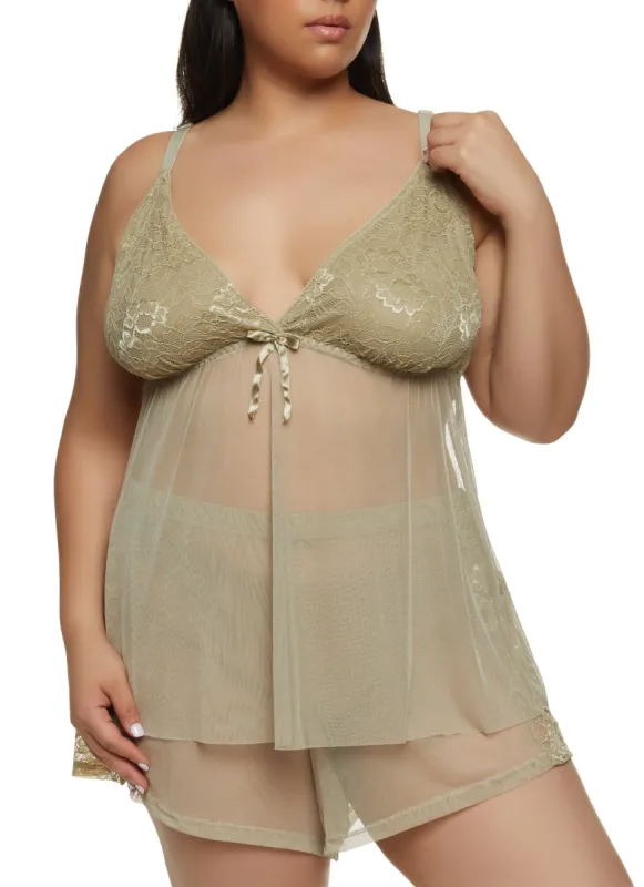 Plus Size Lace Mesh Cami Babydoll and Shorts Set sold by Rainbow