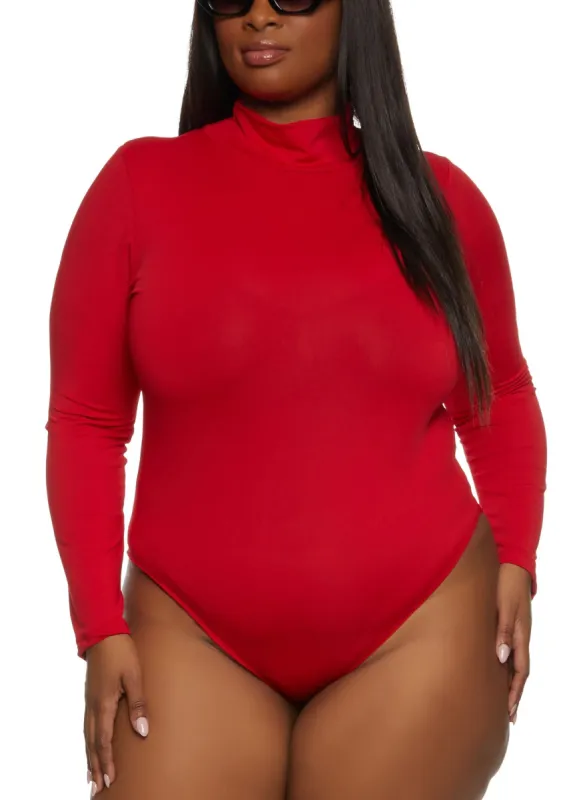 Plus Size Solid Mock Neck Long Sleeve Bodysuit sold by Rainbow
