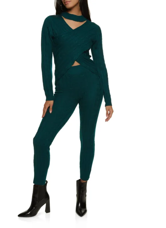 Cable Knit Cut Out Criss Cross Sweater and Pants Set sold by Rainbow