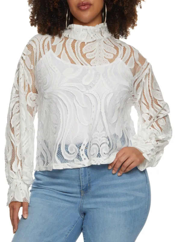 Plus Size Zip Back Mock Neck Lace Blouse sold by Rainbow