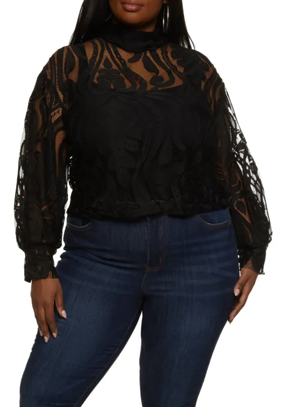 Plus Size Zip Back Mock Neck Lace Blouse sold by Rainbow
