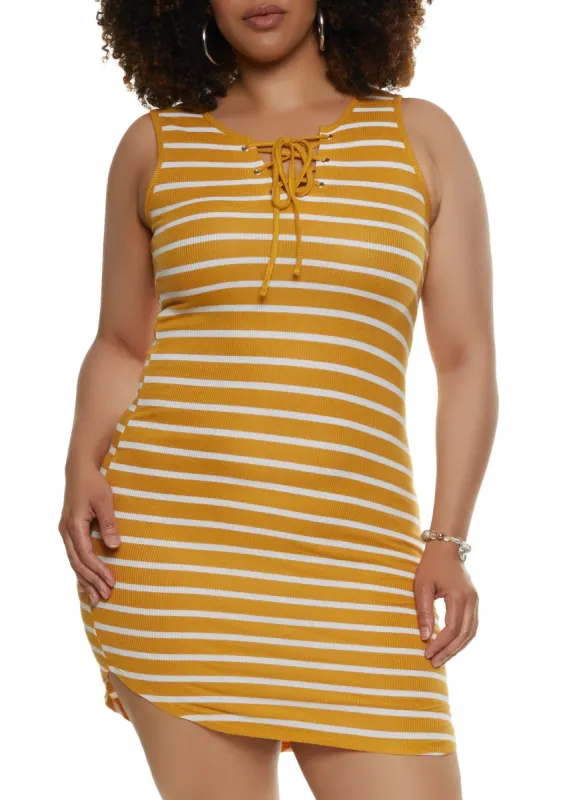 Plus Size Striped Lace Up Notch Neck Tank Dress sold by Rainbow