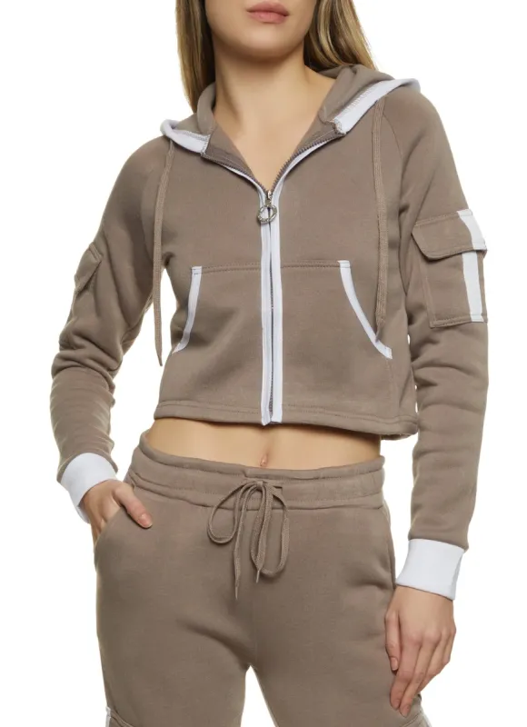 Contrast Trim Cargo Pocket Zip Front Hoodie sold by Rainbow