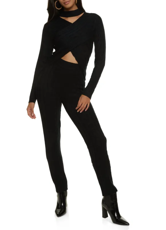 Cable Knit Cut Out Criss Cross Sweater and Pants Set sold by Rainbow