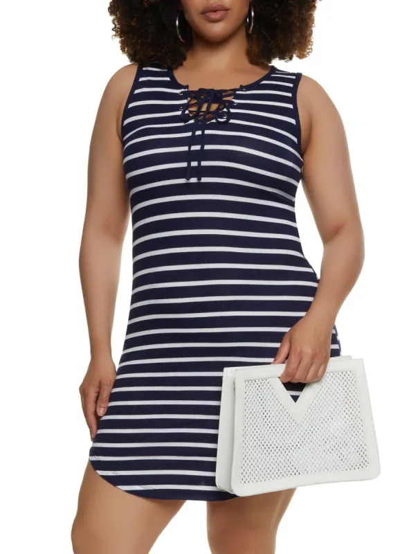 Plus Size Striped Lace Up Notch Neck Tank Dress sold by Rainbow