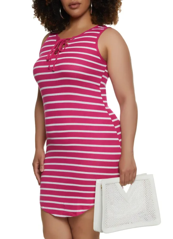 Plus Size Striped Lace Up Notch Neck Tank Dress sold by Rainbow