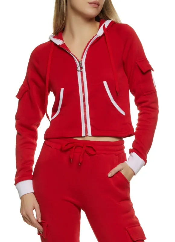 Contrast Trim Cargo Pocket Zip Front Hoodie sold by Rainbow
