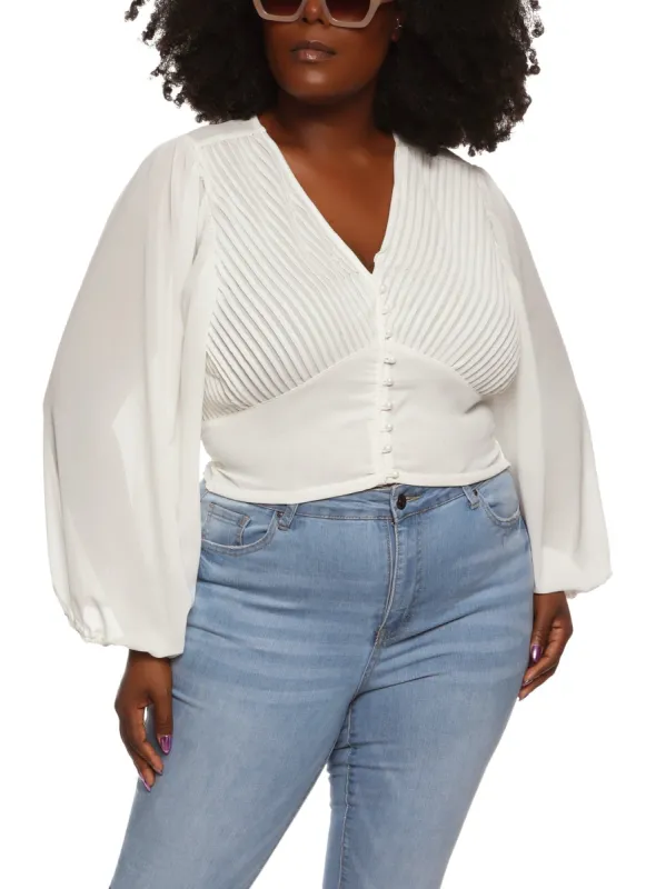 Plus Size Pleated Button Front Blouse sold by Rainbow