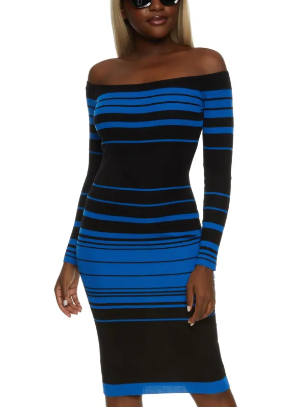 Striped Off the Shoulder Midi Dress sold by Rainbow