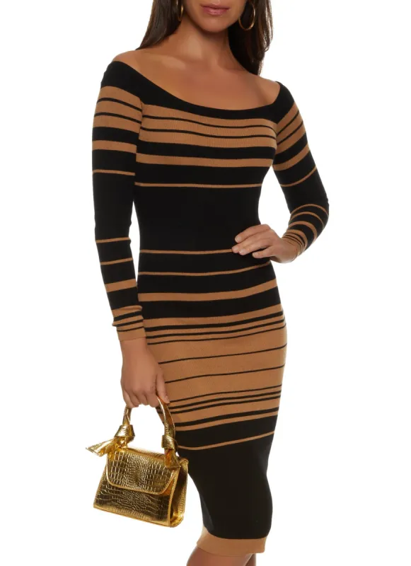 Striped Off the Shoulder Midi Dress sold by Rainbow