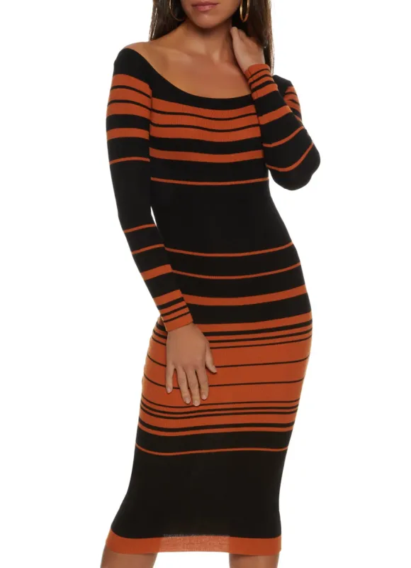 Striped Off the Shoulder Midi Dress sold by Rainbow