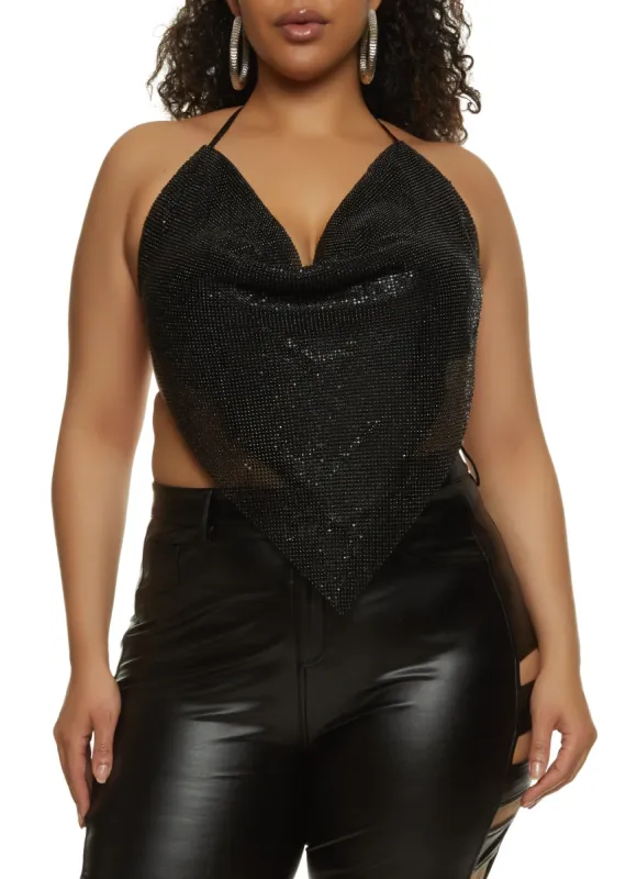 Plus Size Cowl Neck Rhinestone Halter Top sold by Rainbow