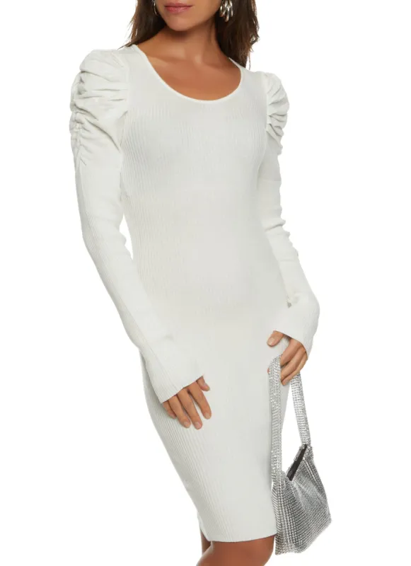 Ribbed Puff Sleeve Sweater Dress sold by Rainbow