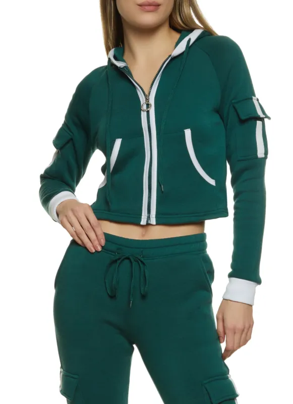 Contrast Trim Cargo Pocket Zip Front Hoodie sold by Rainbow