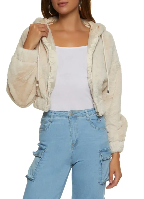 Solid Faux Fur Hooded Bomber Jacket sold by Rainbow