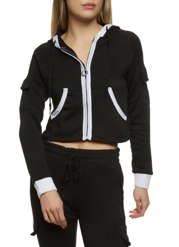 Contrast Trim Cargo Pocket Zip Front Hoodie sold by Rainbow
