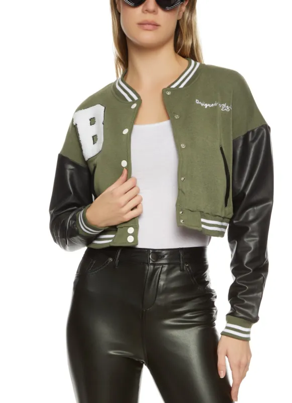 Faux Leather Sleeve Patch Varsity Jacket sold by Rainbow