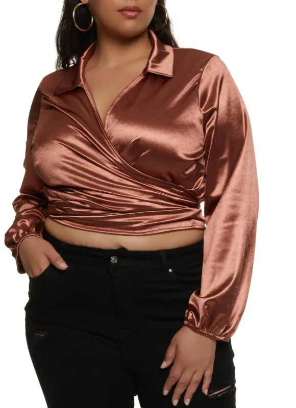 Plus Size Long Sleeve Cropped Wrap Top sold by Rainbow