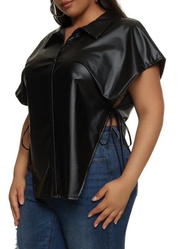 Plus Size Faux Leather Open Side Tie Shirt sold by Rainbow