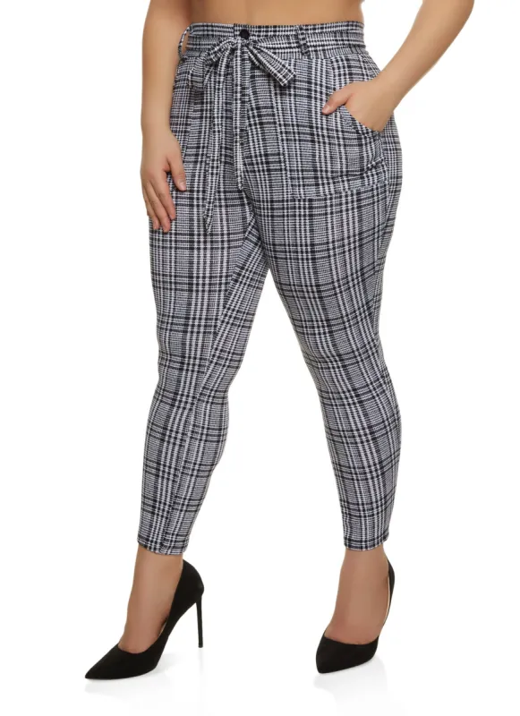 Plus Size Plaid Paperbag Waist Belted Skinny Pants sold by Rainbow