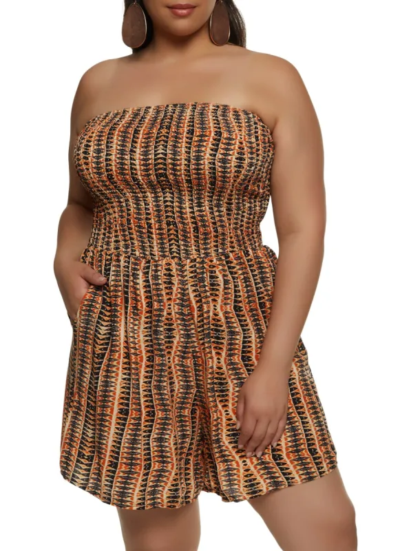 Plus Size Boho Print Smocked Tube Romper sold by Rainbow