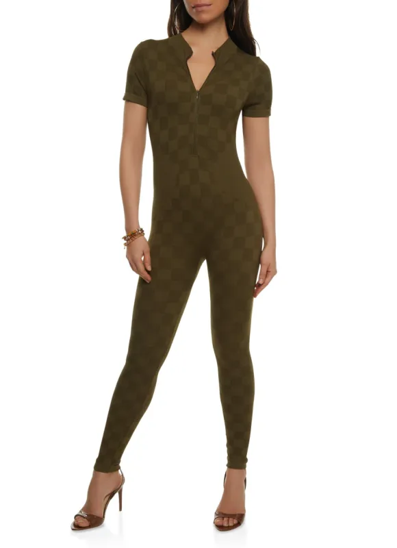 Rib Knit Checkered Zip Front Jumpsuit sold by Rainbow