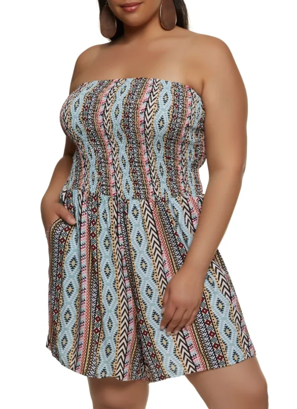 Plus Size Boho Print Smocked Tube Romper sold by Rainbow