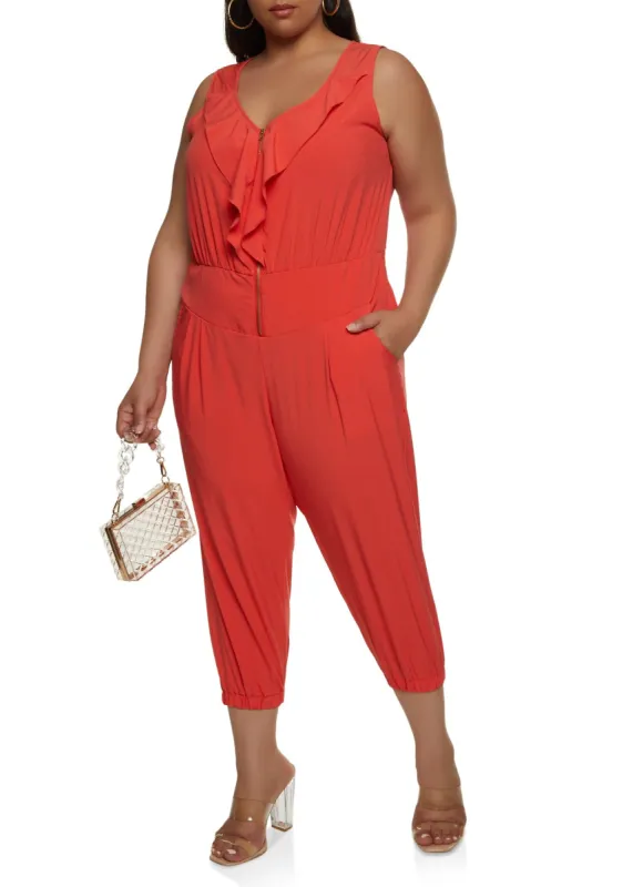 Plus Size Zip Front Ruffled Cropped Jumpsuit sold by Rainbow