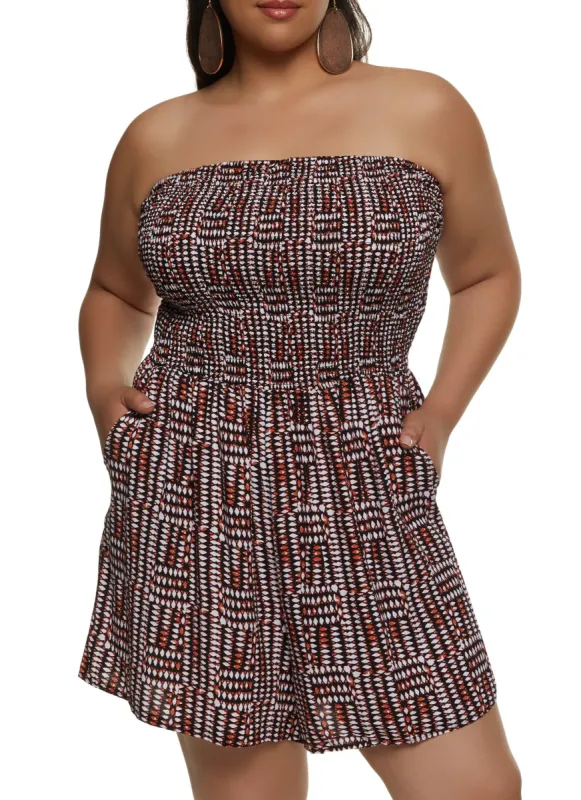 Plus Size Boho Print Smocked Tube Romper sold by Rainbow