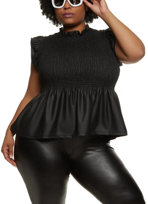 Plus Size Faux Leather Smocked Peplum Top sold by Rainbow