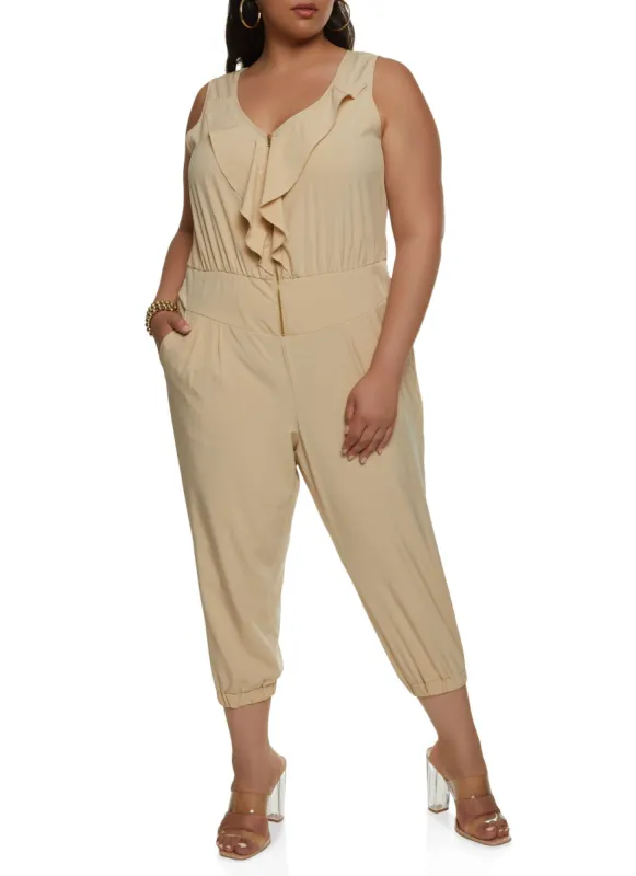 Plus Size Zip Front Ruffled Cropped Jumpsuit sold by Rainbow