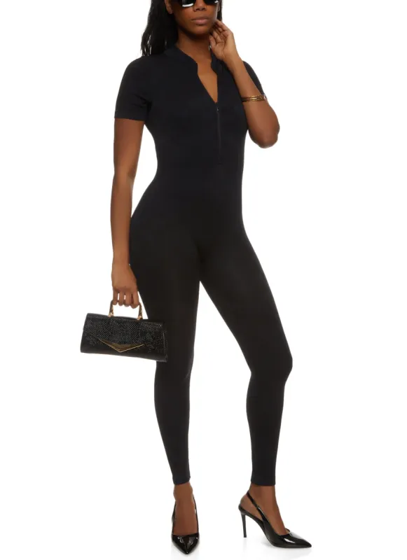 Rib Knit Checkered Zip Front Jumpsuit sold by Rainbow