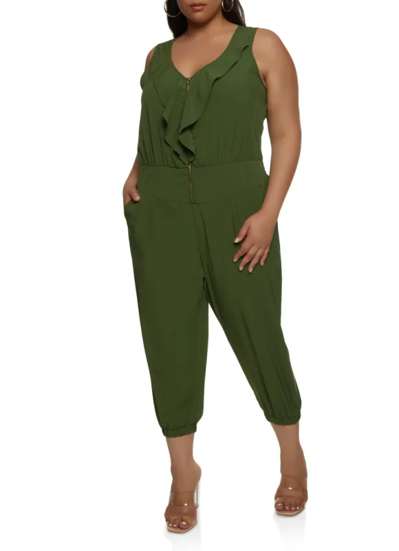 Plus Size Zip Front Ruffled Cropped Jumpsuit sold by Rainbow