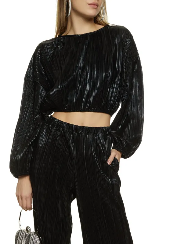 Plisse Balloon Sleeve Cropped Blouse sold by Rainbow