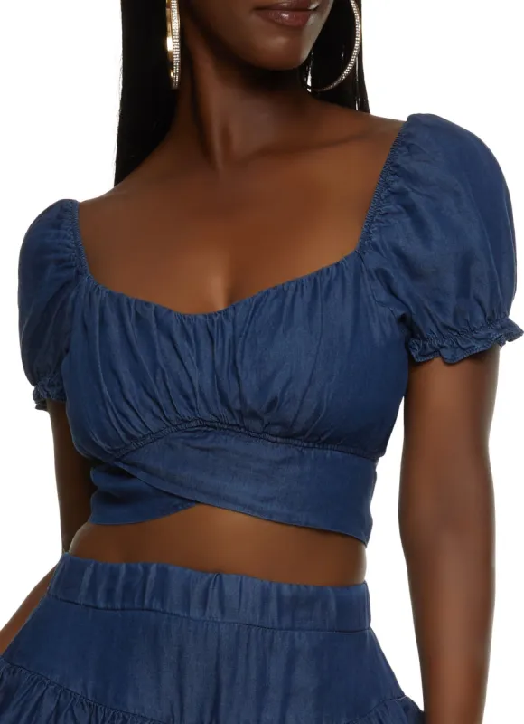 Chambray Puff Sleeve Tie Back Crop Top sold by Rainbow